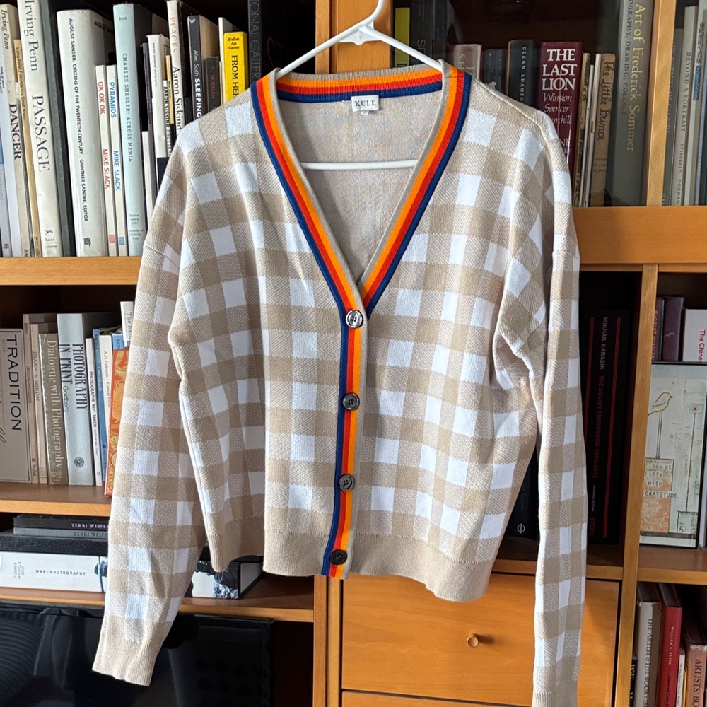 KULE Beige and White Checkered Cardigan with Rainbow Trim